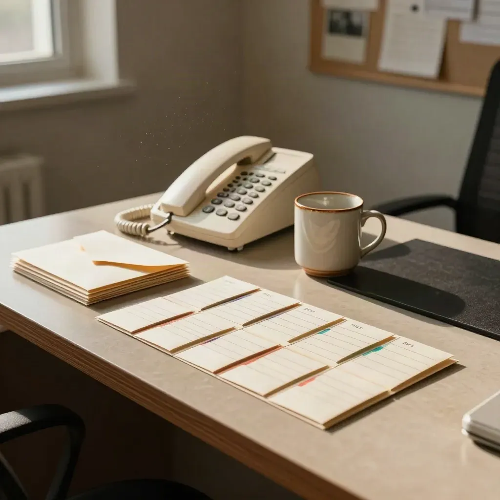 Callback desk with phone, envelopes, mug and talent clips in a warm casting office.