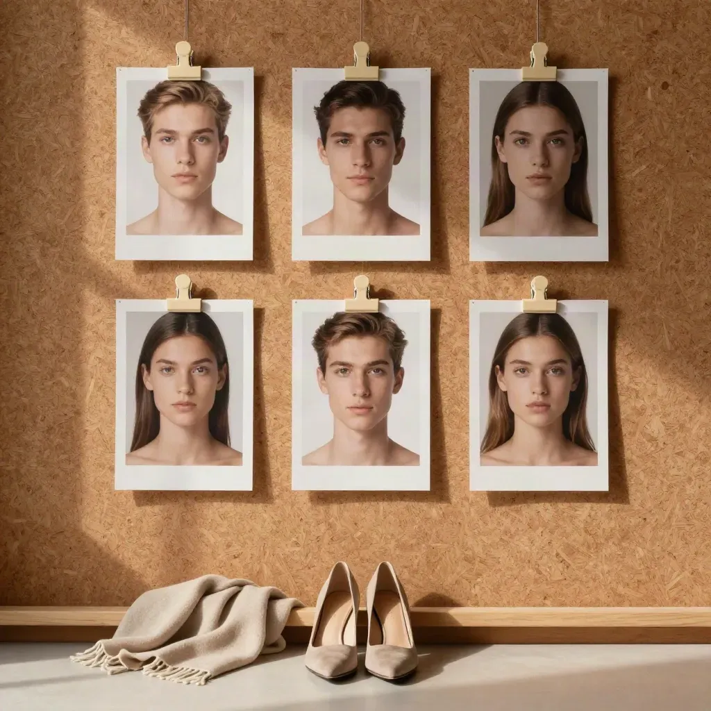 Model face prints, cream scarf, and neutral heels on a cork casting board.
