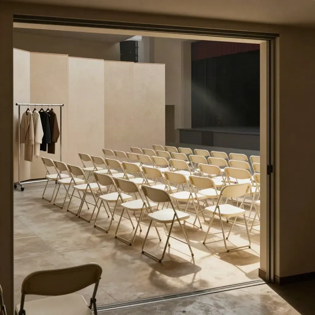 Open-call hall with cream chairs, screen wall, and garment rack in moody morning haze.
