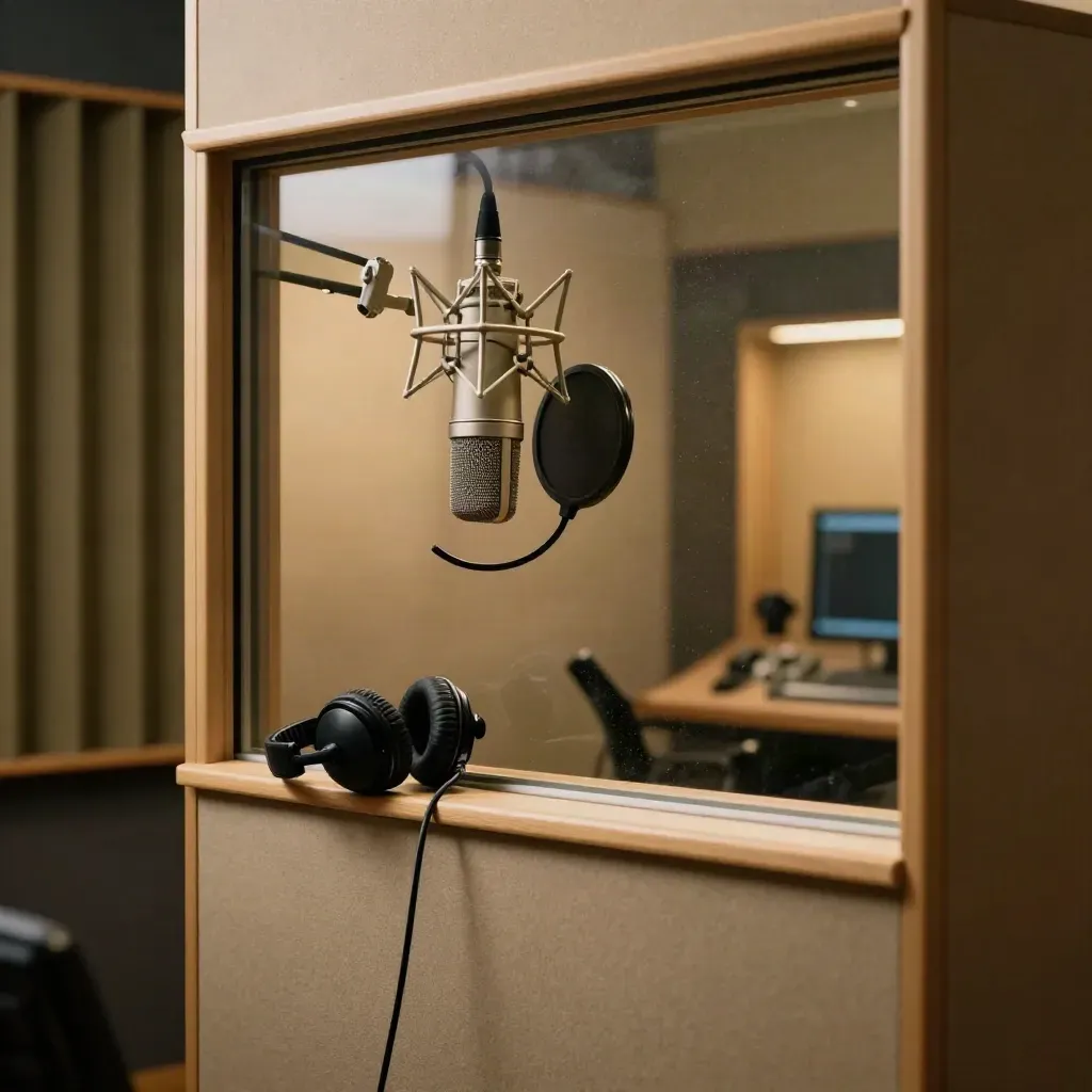 Voice booth with a swaying microphone, closed headphones, acoustic panels, and warm control-room glow.