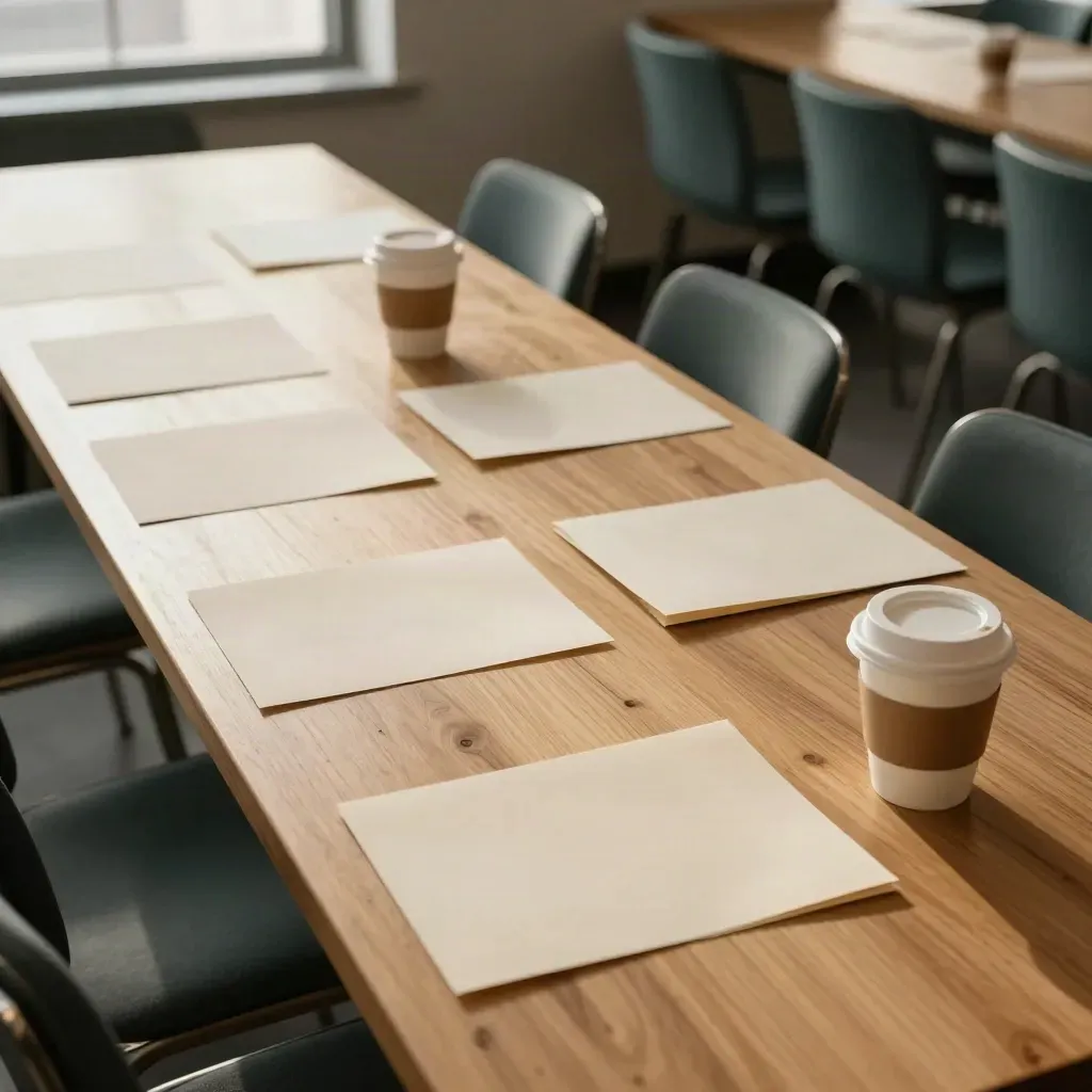 Overhead casting table with blank script packets, coffee cups, and empty teal chairs in winter light.