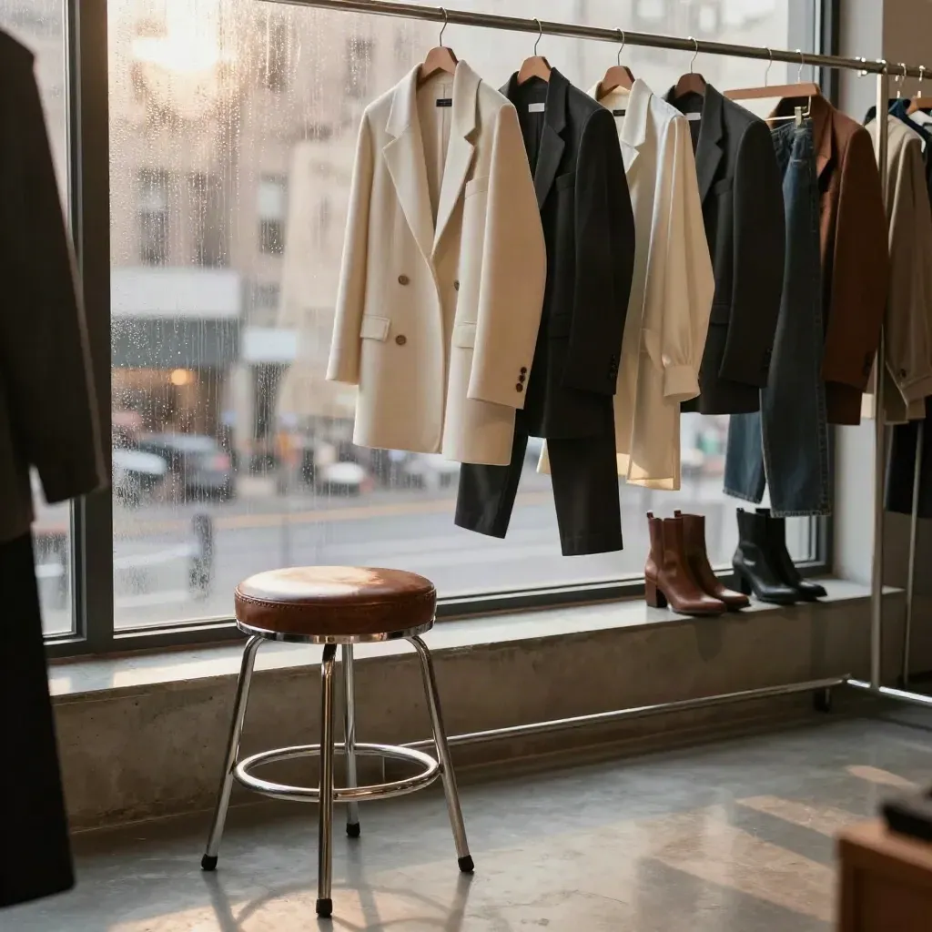 Low-angle New York fitting loft with chrome stool, garment rail, wet window light.